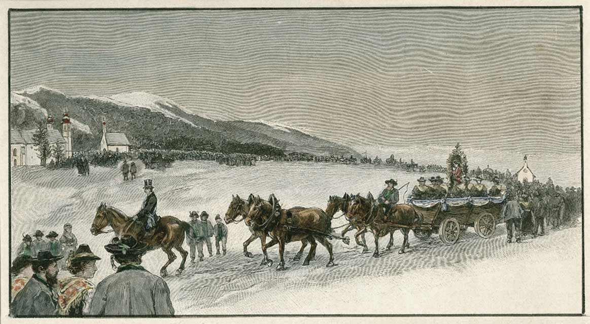 Historische Zeichnung des Leonhardizuges auf dem Kalvarienberg in verschneiter Landschaft; im Hintergrund ist die Leonhardikapelle zu sehen.